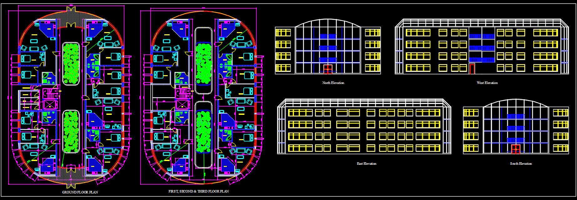 Oval Shaped Multi Family Building CAD Working Drawing (25x40 Meter)